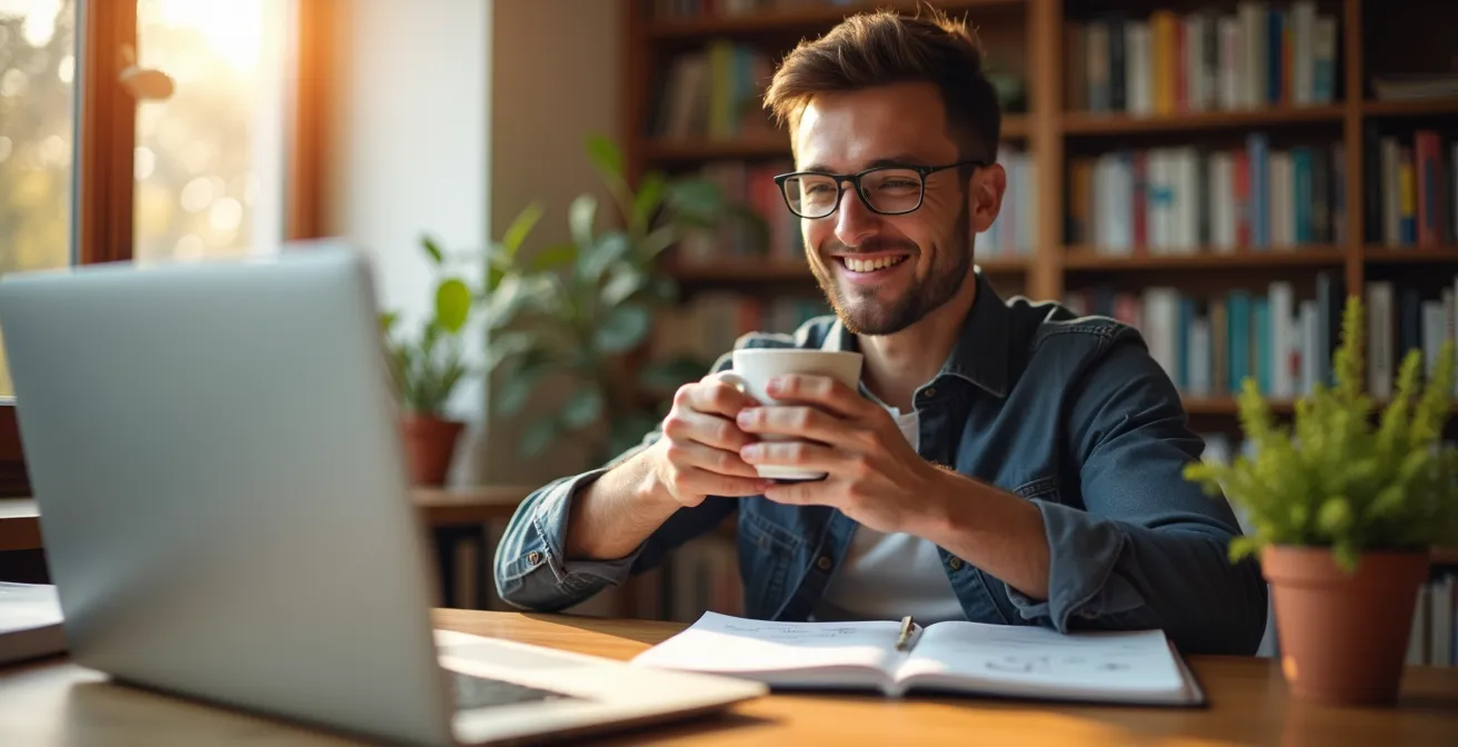 A relaxed professional in their home office, smiling and holding a beverage, with a closed laptop on the desk, signifying relief from video meeting overload.