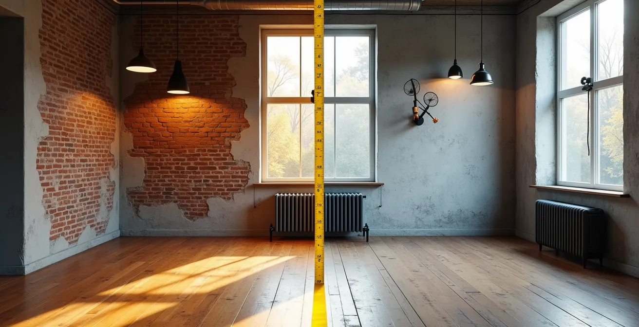 Split composition showing a room before renovation as a fixer-upper and after renovation as a modern space.