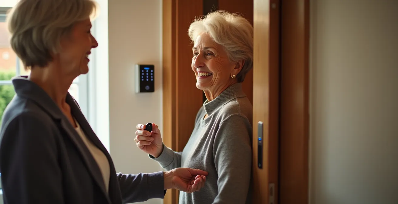 Elderly person choosing between different keyless entry methods on an apartment door