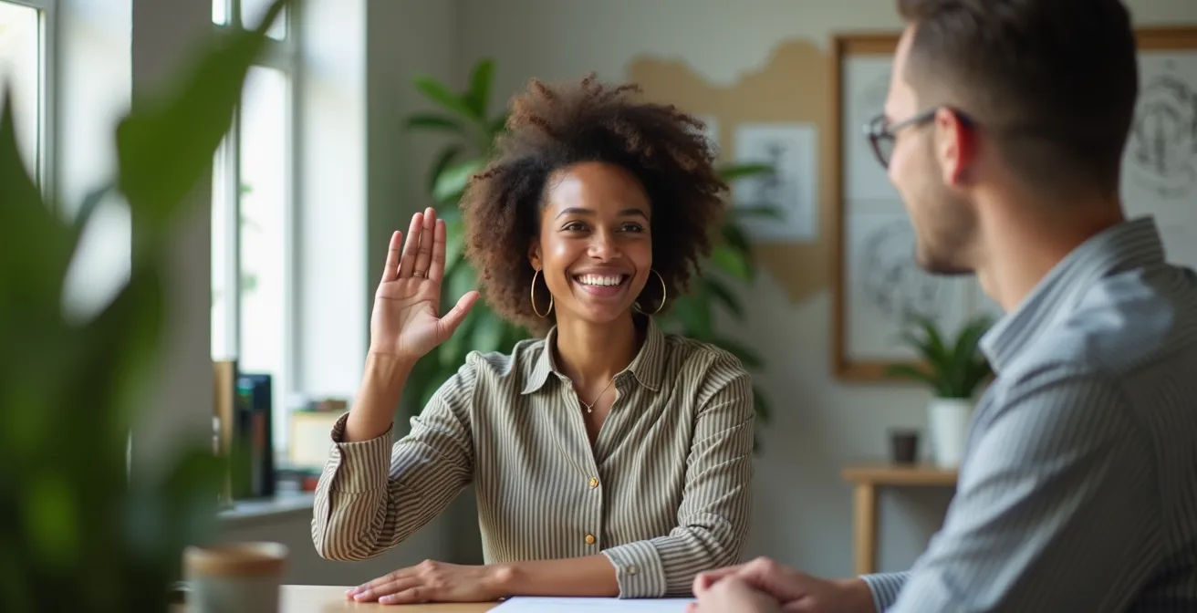 A professional maintaining their personal space with confident body language at their desk.