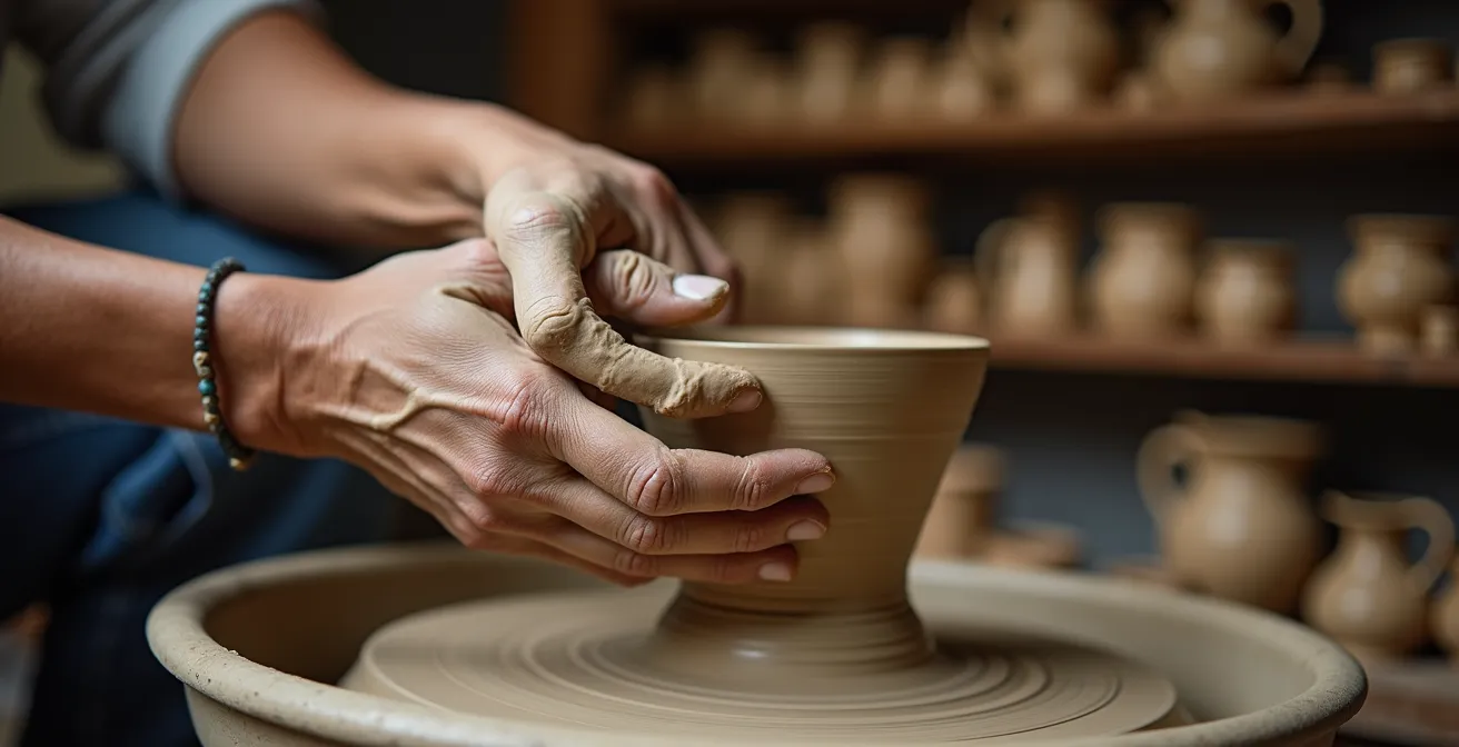 Traveler learning traditional pottery techniques from elderly local artisan in workshop filled with handmade ceramics