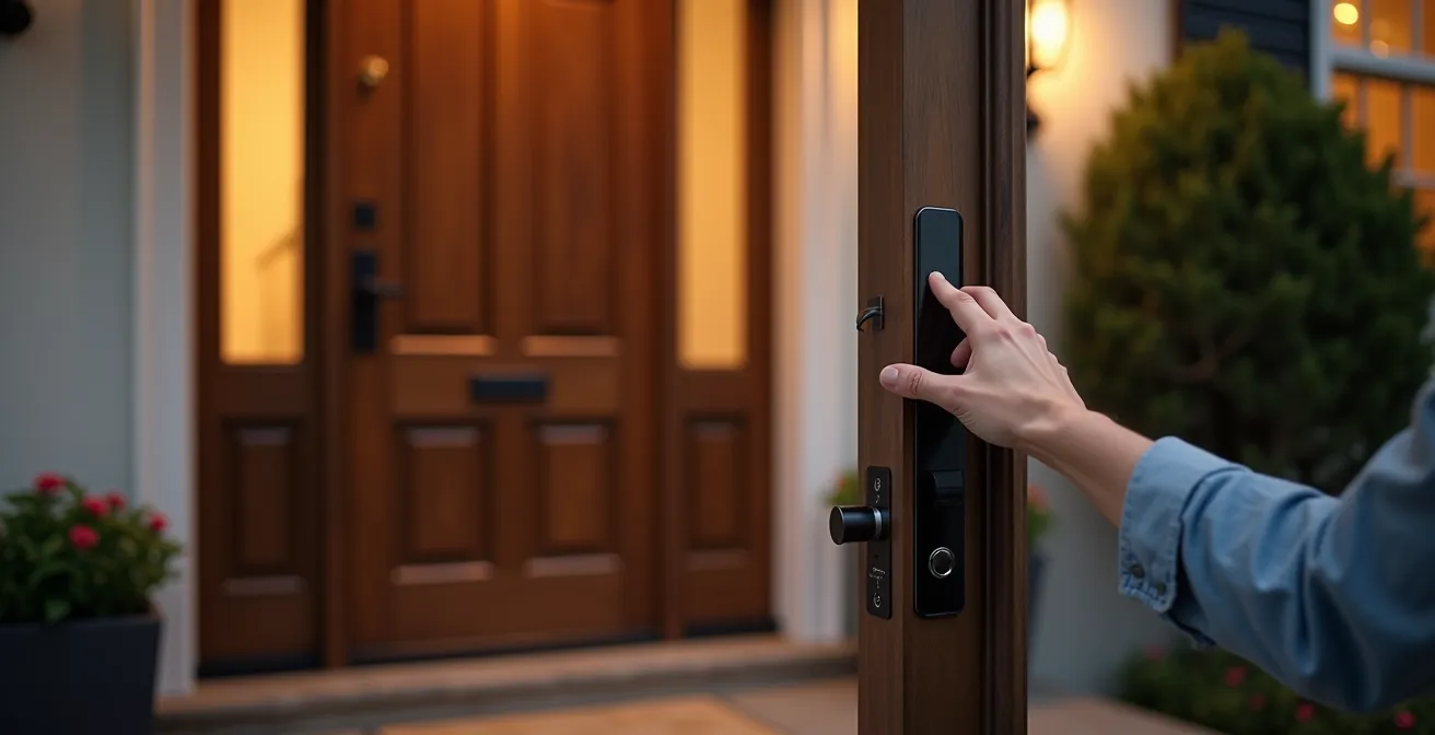 Modern home entrance with integrated smart lock system