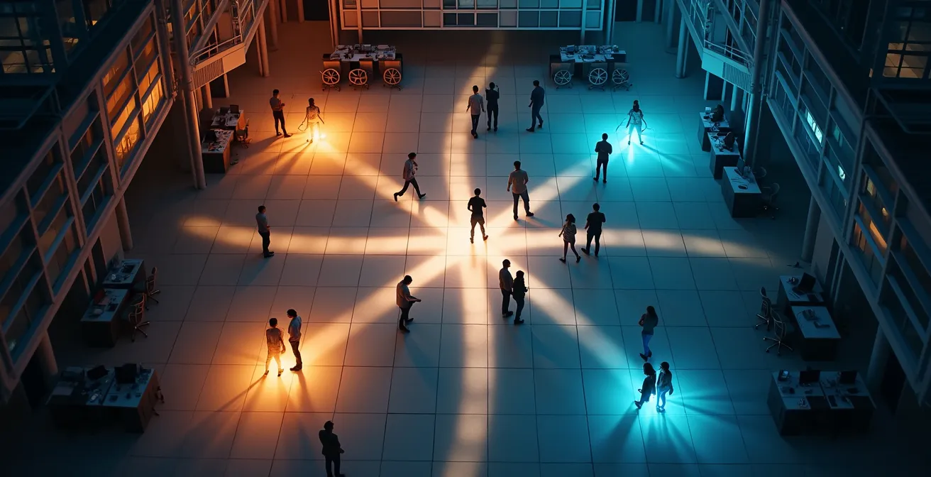 Office floor showing dynamic lighting zones adjusting to occupancy patterns