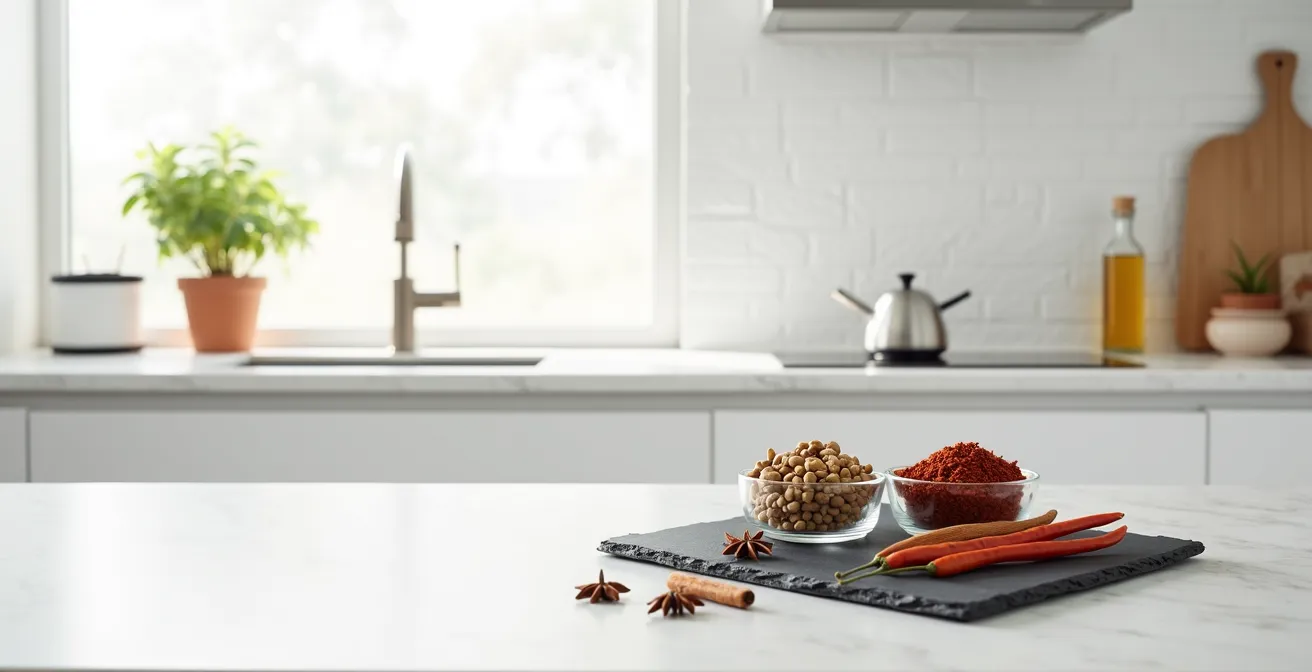 Layered arrangement of Indian and Mexican spices showing flavor hierarchy