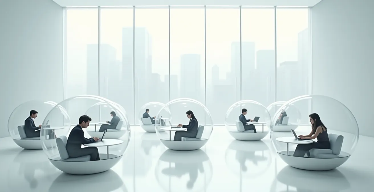 Minimalist office space showing isolated team members in glass bubbles, representing echo chamber isolation