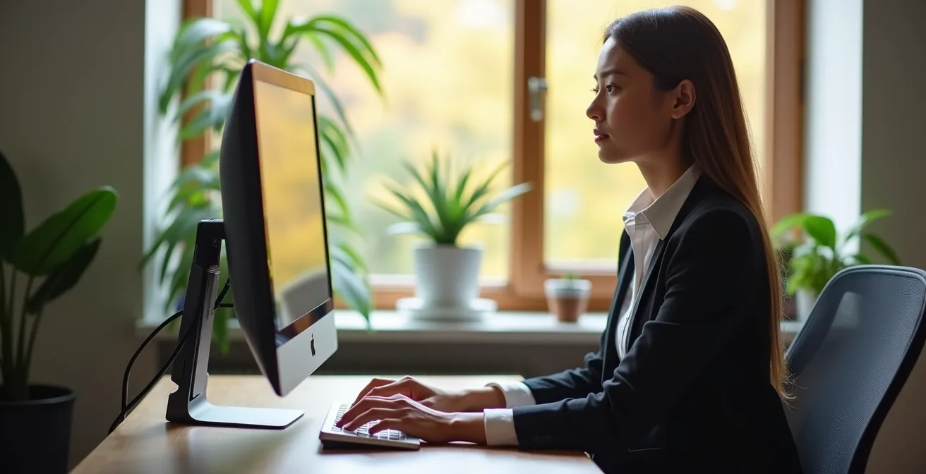 Professional doing subtle stretches at his desk during a video call