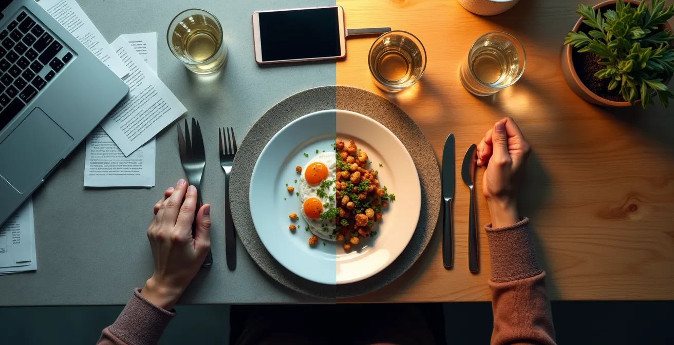 Split view showing contrasting states of relaxed versus stressed digestive system