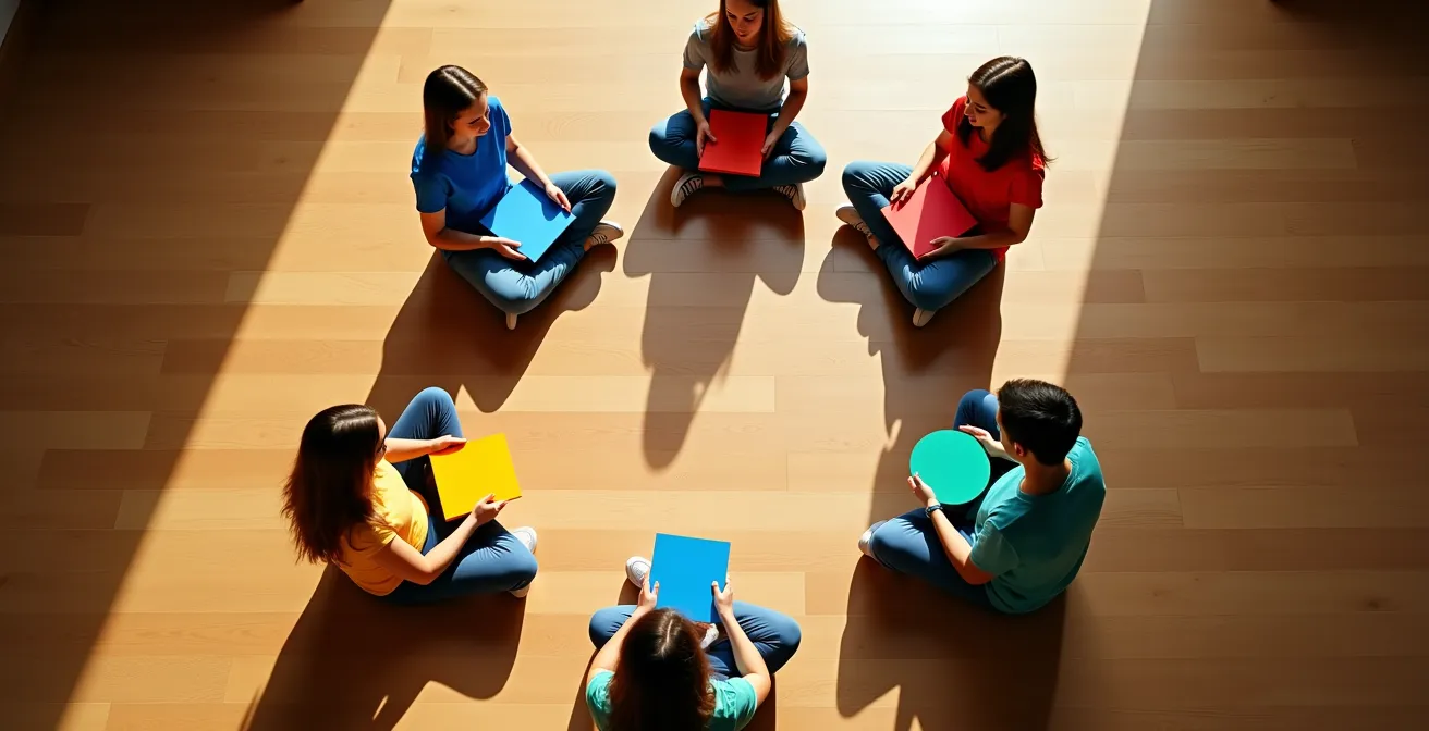 Overhead view of students in circle formation during group discussion