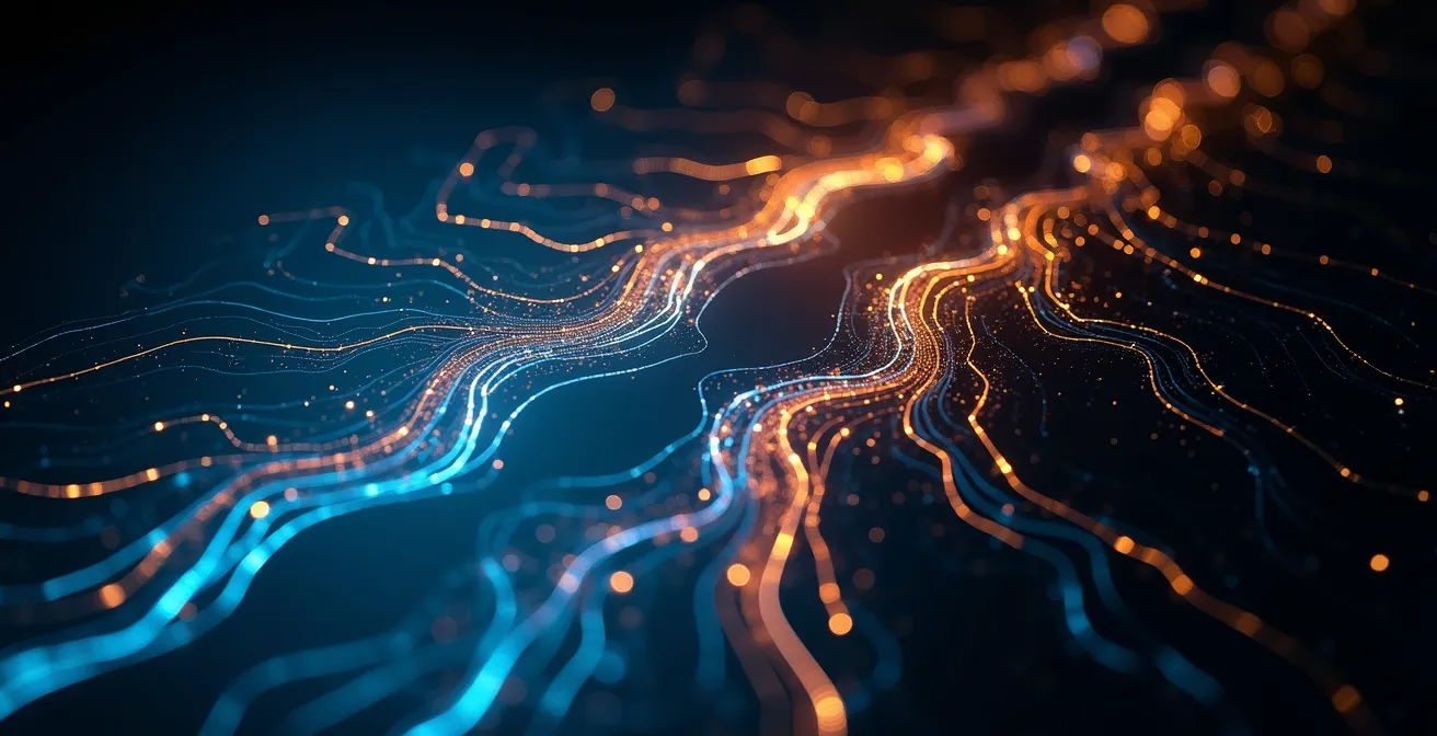 Abstract representation of data streams converging and diverging to symbolize industry disruption