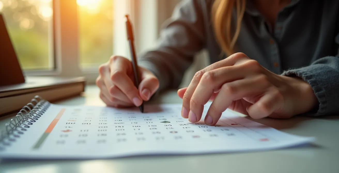 A person marking a personal fresh start date on a calendar with morning sunlight creating dramatic shadows