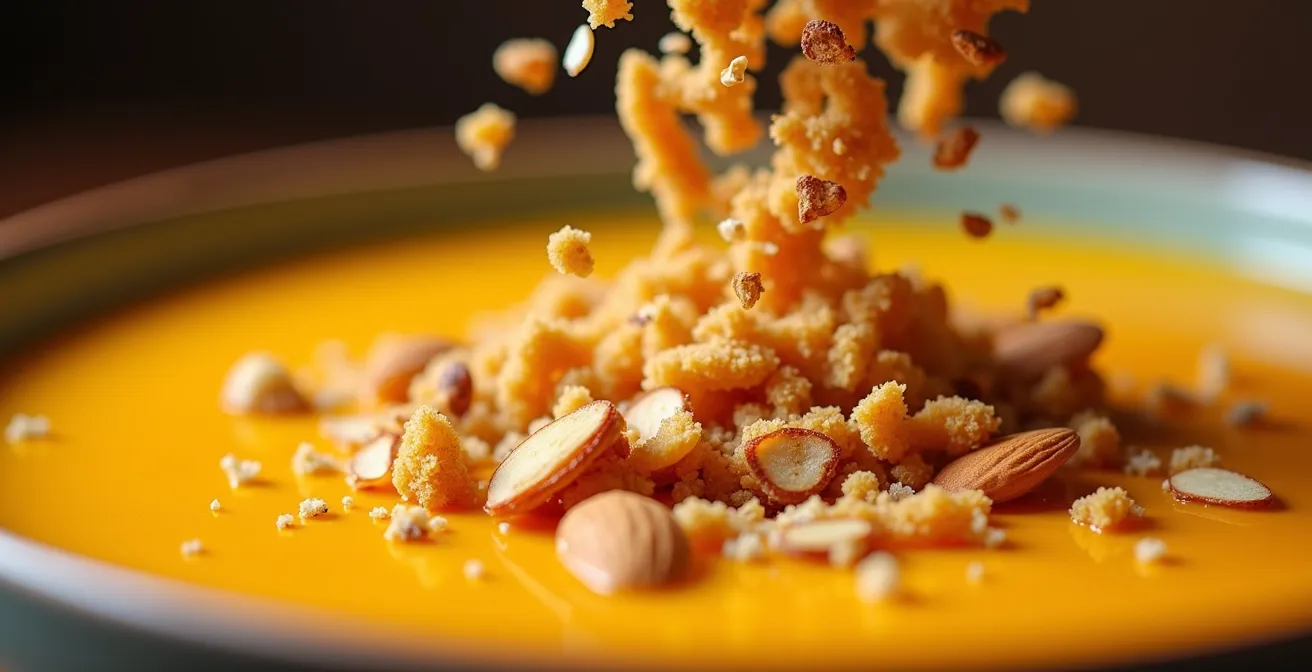 Macro shot of crispy fried shallots and toasted nuts providing textural contrast on creamy soup