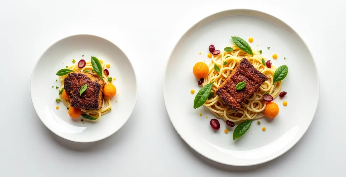 Comparison of plating techniques showing how negative space and vertical presentation make small portions appear substantial