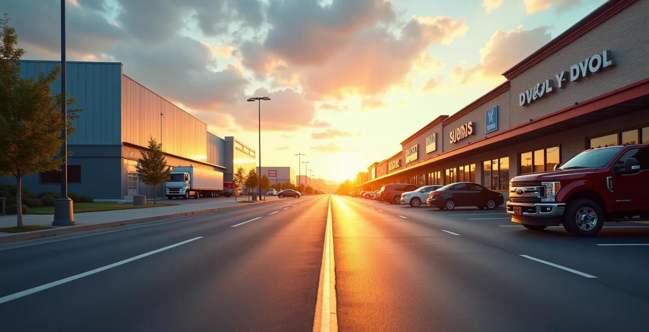 Split view comparing modern urban warehouse and occupied strip mall