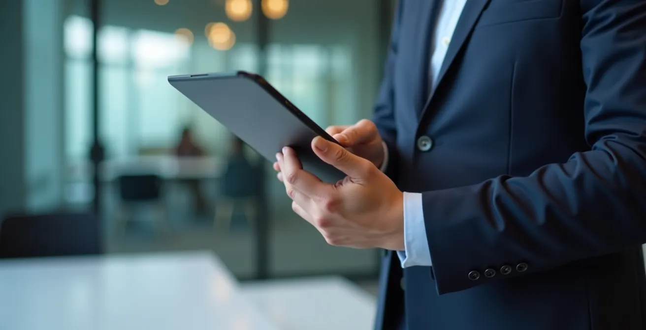 Security professional reviewing temporary access request on tablet in modern office environment