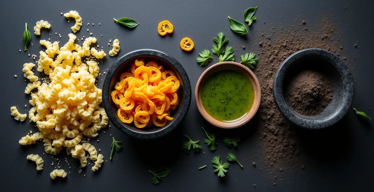 Artistic arrangement of transformed vegetable scraps including crisps, powders and infused oils