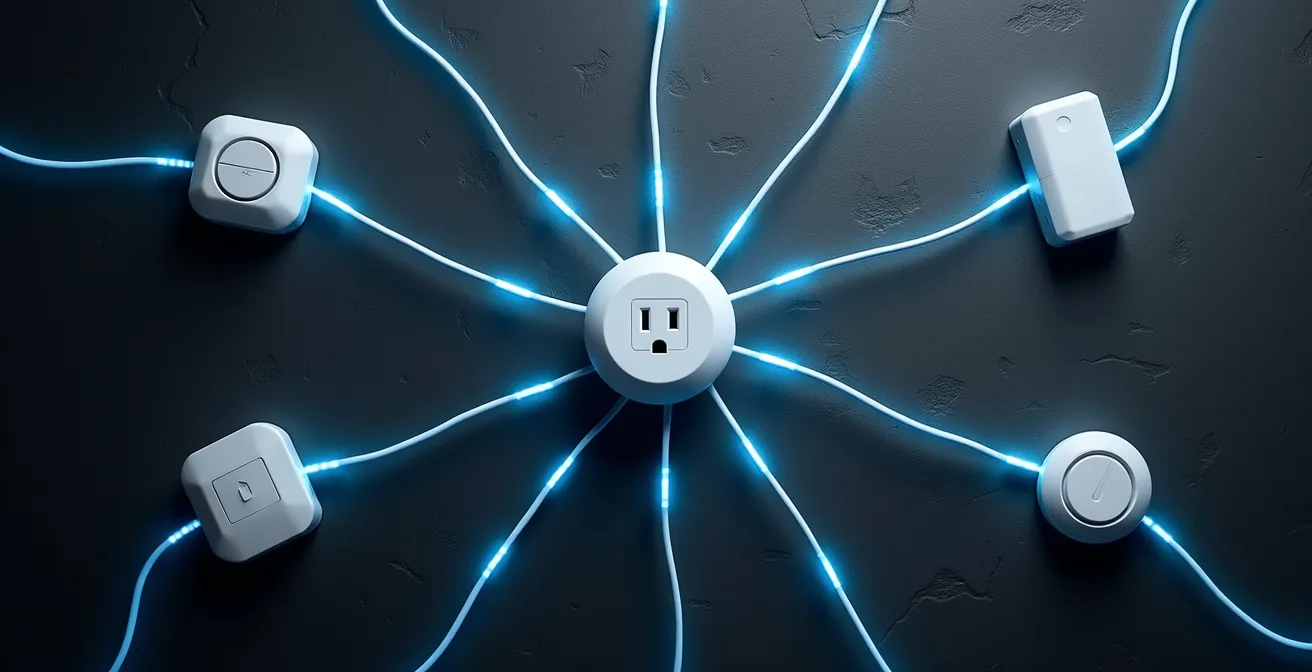 A diagram showing a symbolic mesh network topology with various smart sensors connected by glowing blue lines.