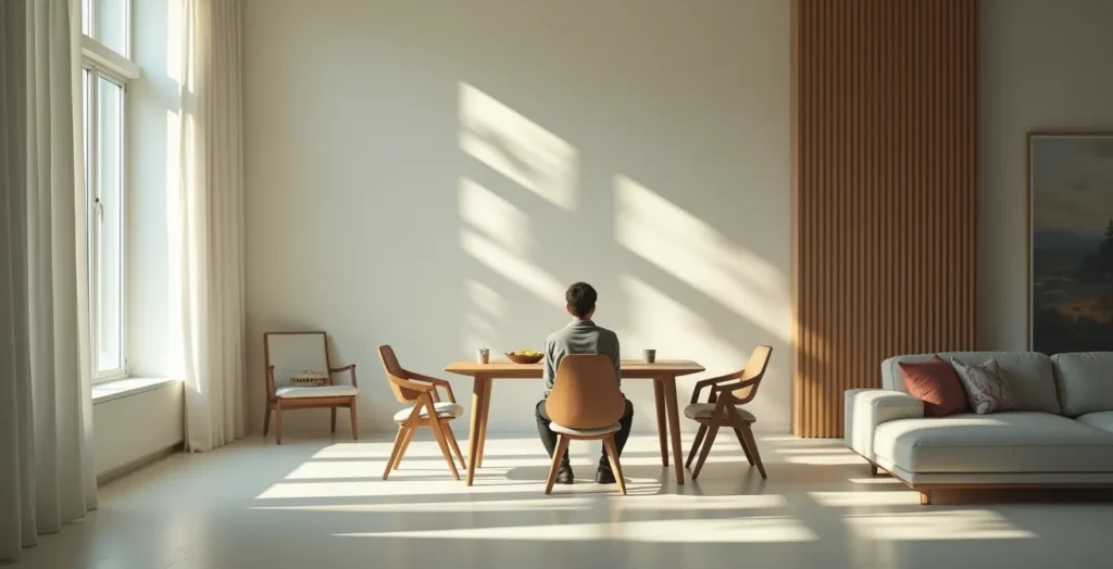 Wide shot of person eating alone at table surrounded by subtle environmental cues Wide shot of person eating alone at table surrounded by subtle environmental cues